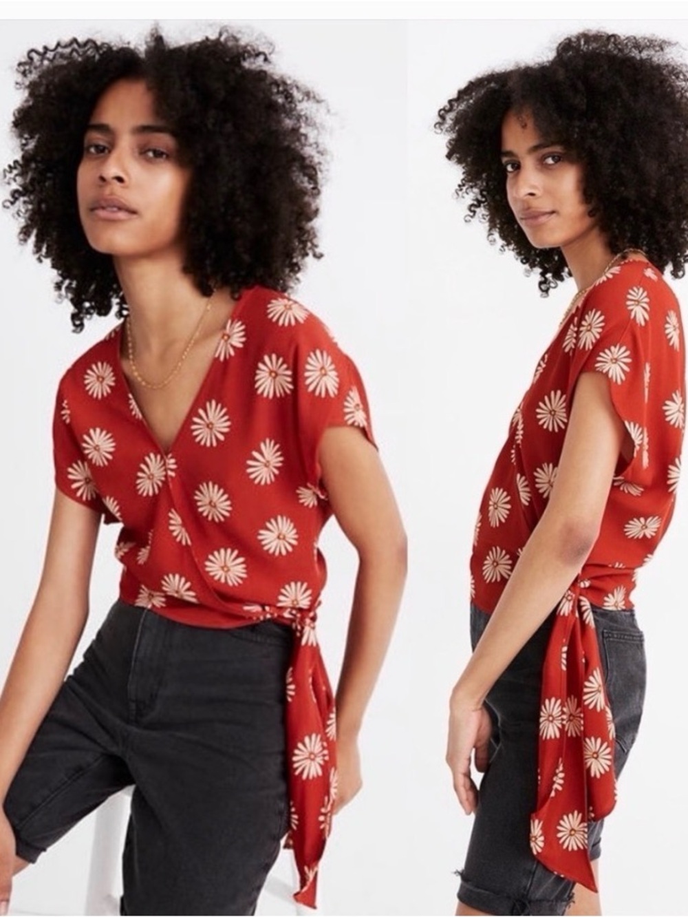 Madewell Daisy Wrap Tie Cropped Top Red Floral Blouse Small